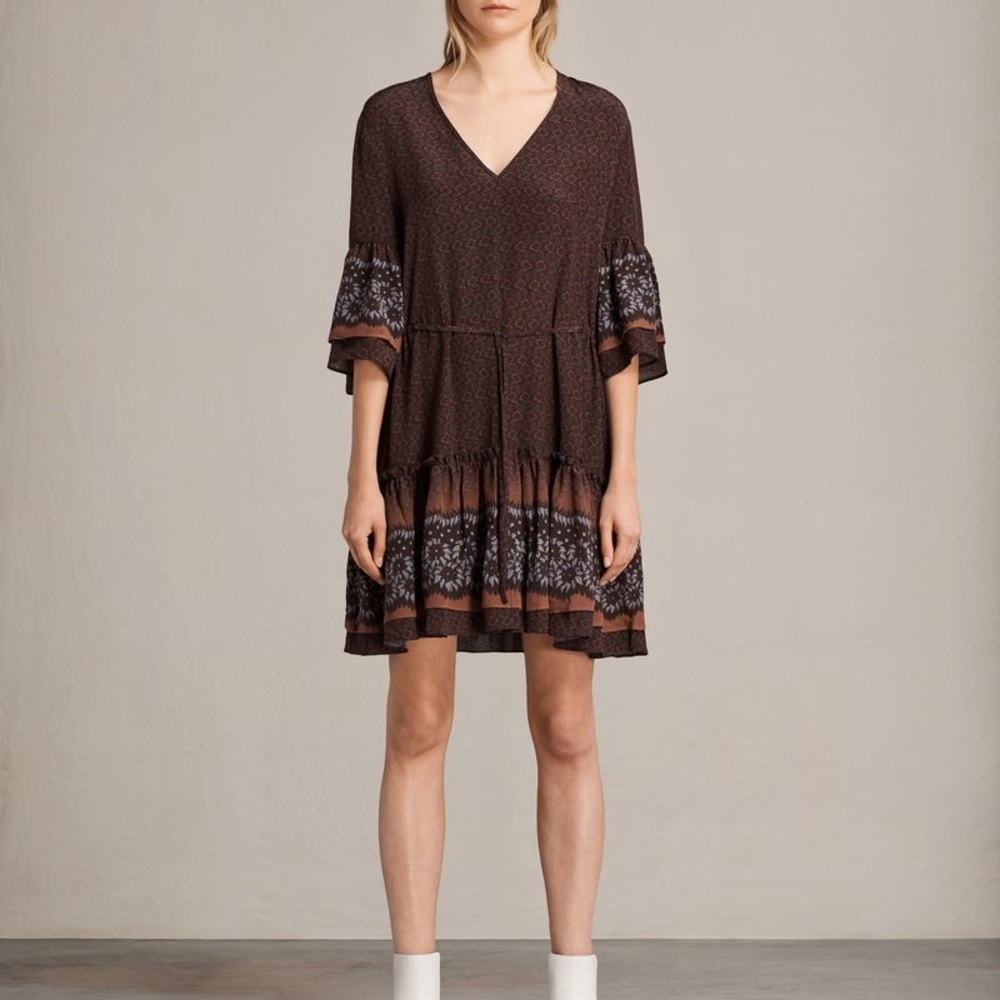 All Saints Anokhi 100% Silk‎ Floral Layered Shirt Mini Dress Waist Tie Boho